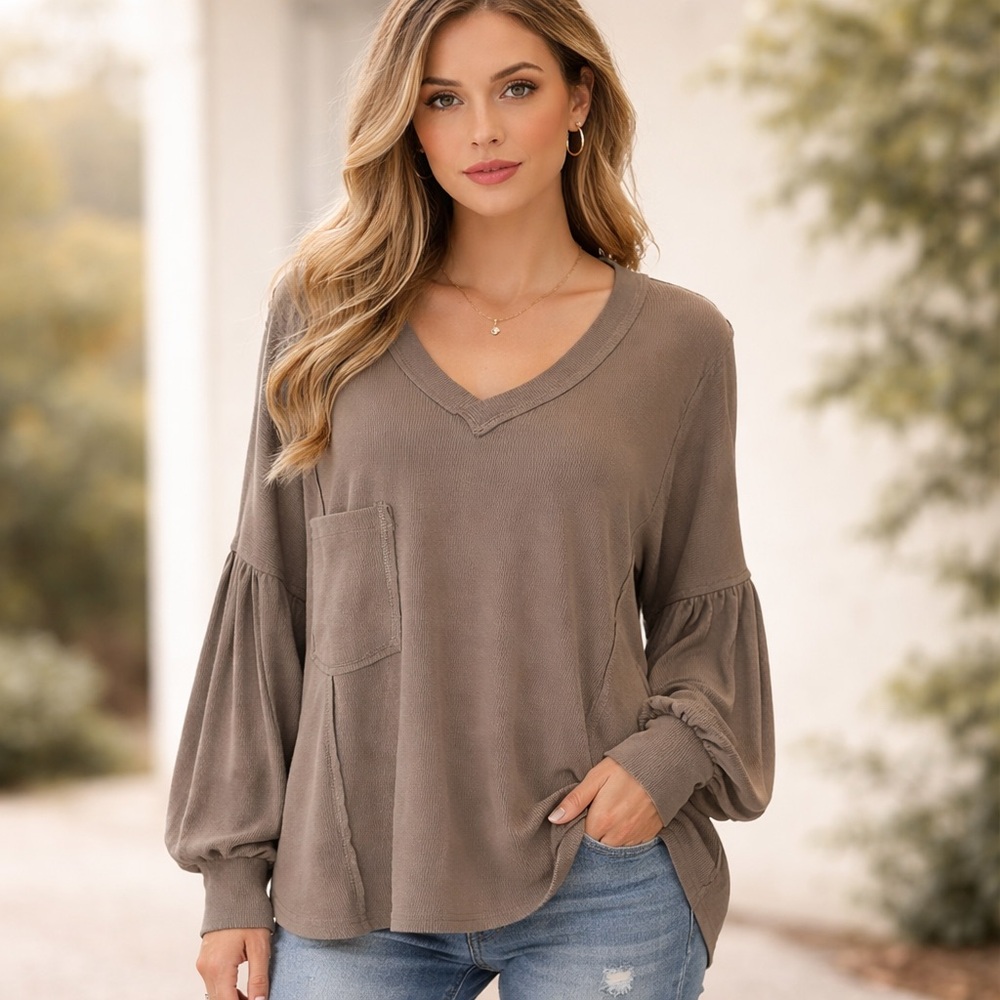 BTFBM brown v-neck oversized Lagenlook top Large loungewear comfy casual